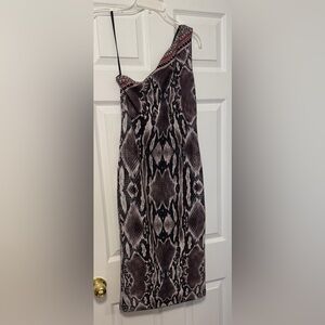 Hale Bob Black and Taupe Snakeskin Print One Shoulder Dress